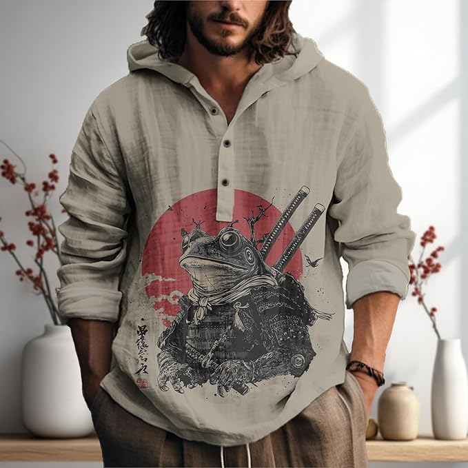 MARSVOVO Mens Japanese Art Long Sleeve Hooded Shirts Lightweight Quarter Button Hoodie Casual Cool Tops for Spring Fall
