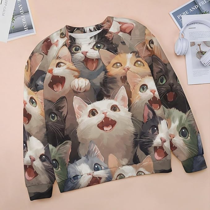 Fall Sweaters for Women 2024 Cat Print Long Sleeve Casual Crewneck Warm Fall Pullover Comfy Fashion Sweatshirts