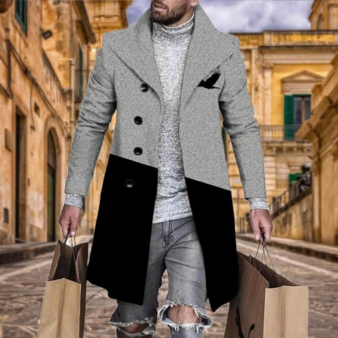 Men's Plaid Long Trench Coat Mid - Length Lapel Collar Button Down Warm Overcoat for Winter & Autumn Fashion