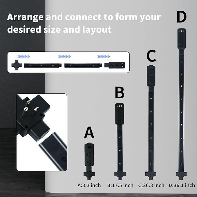 Extendable Outlet Extender Stick with 2 AC Outlets, USB-A & USB-C, 8.3"–36.1" Adjustable Length, 360° Rotatable Modular Design, Fireproof Housing & Overload Protection for Couches, Beds, Desks
