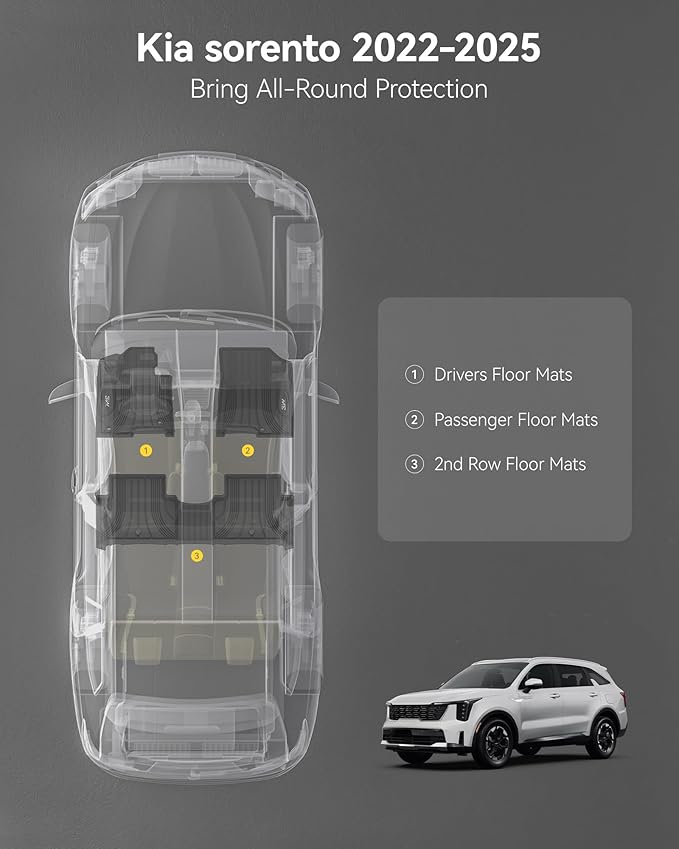 3W Floor Mats for Kia Sorento Hybrid 2025 2024 2023 2022 2021 (Only PHEV&Hybrid) All Weather Protection TPE Anti-Slip Automotive Full Set Floor Liners Custom Accessories - Black