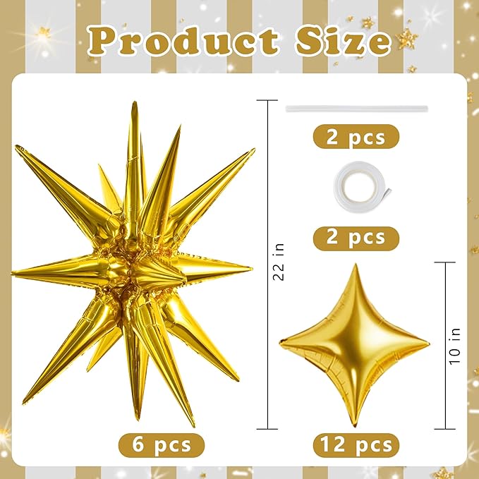 TONIFUL 18Pcs 22Inch Gold Large Explosion Star Mylar Balloons and 10Inch Four Pointed Star Balloons Set for Christmas New Year Birthday Wedding Bridal Shower Anniversary Photo Booth Supplies
