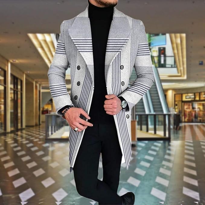 Men's Plaid Long Trench Coat Mid - Length Lapel Collar Button Down Warm Overcoat for Winter & Autumn Fashion