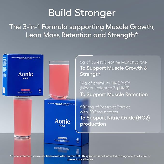 AONIC Build | 3-in-1 Creatine, HMBPro™ & Beetroot Formula | Vegan, Non-GMO Pre/Post-Workout Drink Mix – Fruit Punch (30 Sticks)