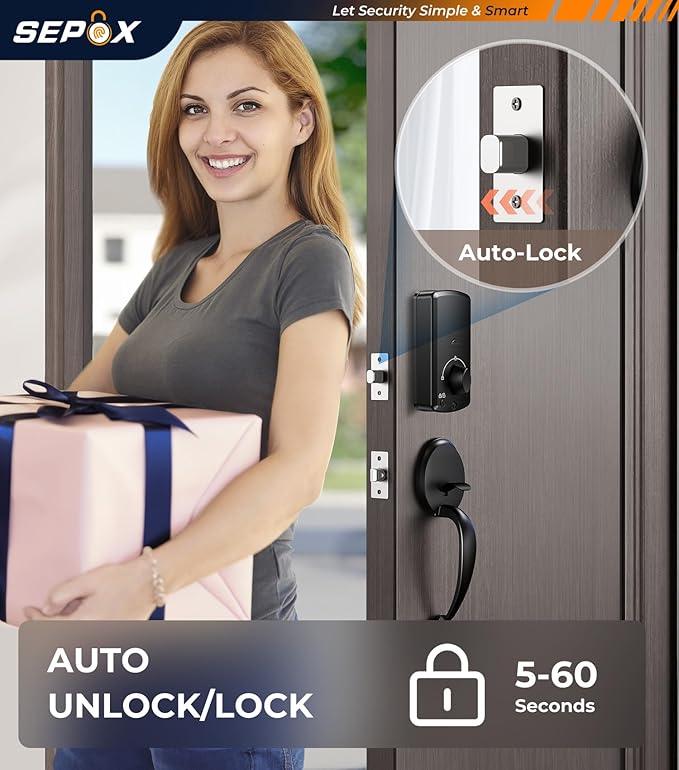SEPOX® 5-in-1 Smart Deadbolt Lock with Handle, Fingerprint & Bluetooth Entry, WiFi Remote Control via Hub, Compact Design for Easy DIY Installation on Standard Front Doors, Temporary Access Settable