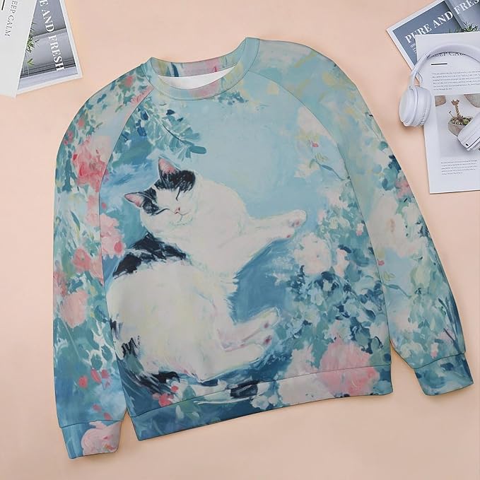 Sweatshirt for Women Cat Print Fashion Funny Plus Size Ladies Dressy Crewneck Casual Trendy Tee Shirts