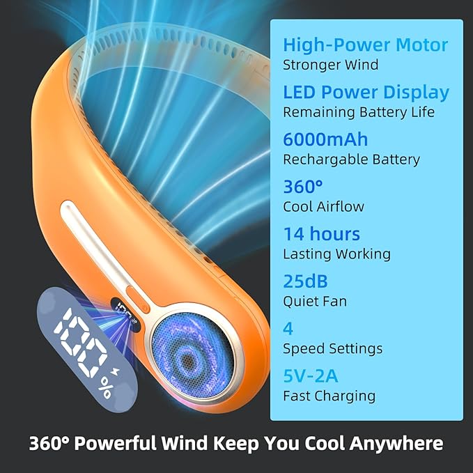 Portable Neck Fan,Hands Free Personal Wearable Bladeless Fan,6000mAh USB Rechargeable,360° Cooling,LED Display,4-Speeds,Birthday Gifts for Men Women Dad Mom,Stocking Stuffers Christmas Gifts (Orange)
