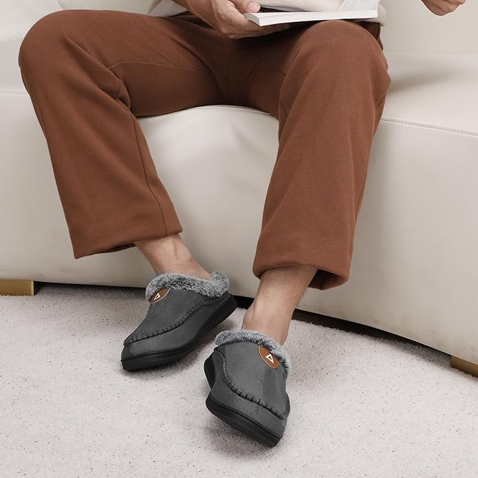 ATHMILE Mens Slippers Warm Moccasin Memory Foam House Shoes Indoor Outdoor Fuzzy Plush Lined Slippers for Home Bedroom