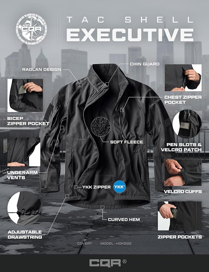 CQR Men's Tactical Softshell Jacket, Winter Warm Fleece Lined Coat, Water Resistant Outdoor Hunting Hiking Rain Windbreaker