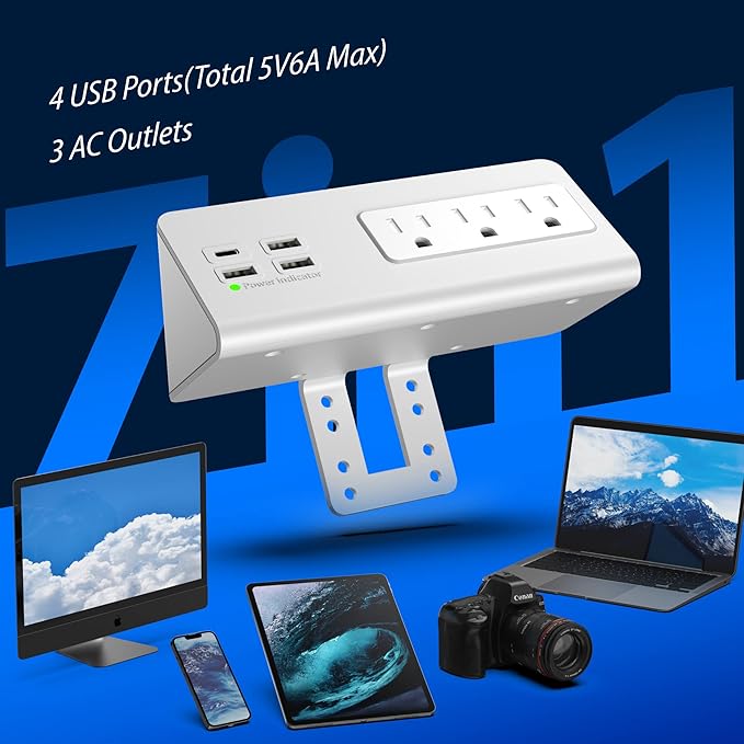Nightstand Edge Mount Power Strip with USB-C Ports Tabletop Surge Protector Desk Clamp Power Sockets with 3 AC Outlets &4 Fast Charging USB Ports for Home Office Hotel and Dormitory