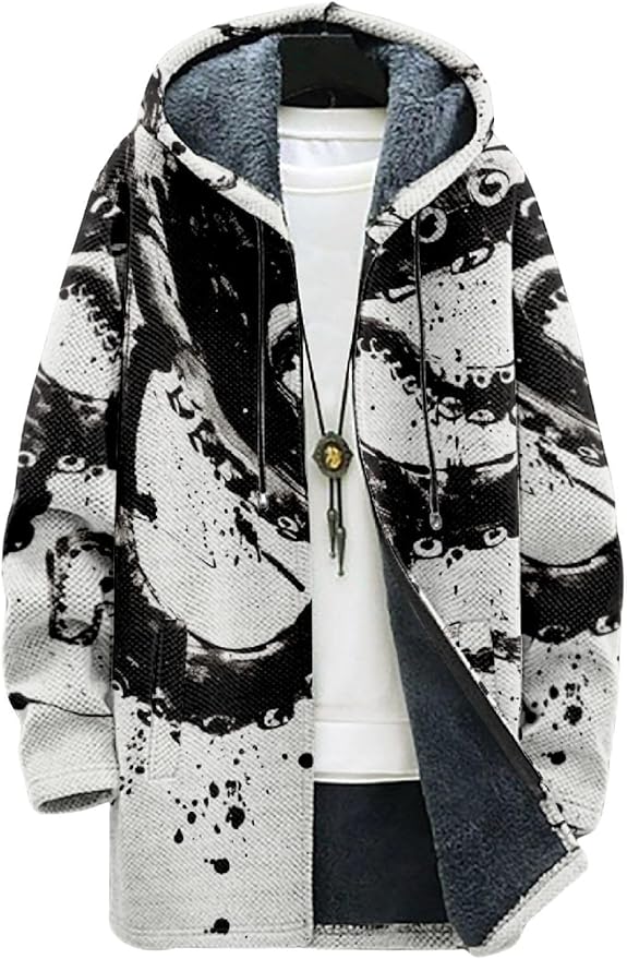 2025 Men's Ethnic Pattern Hooded Jacket Long Cardigan Hoodies Full Zip Vintage Knitted Zipper Coat with Pocket