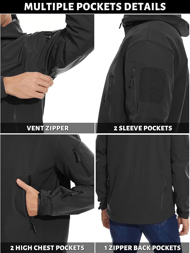 TACVASEN Men's Special Ops Military Tactical Soft Shell Winter Warm Fleece Lined Jacket Rain Hood Coat Hiking Snowboard