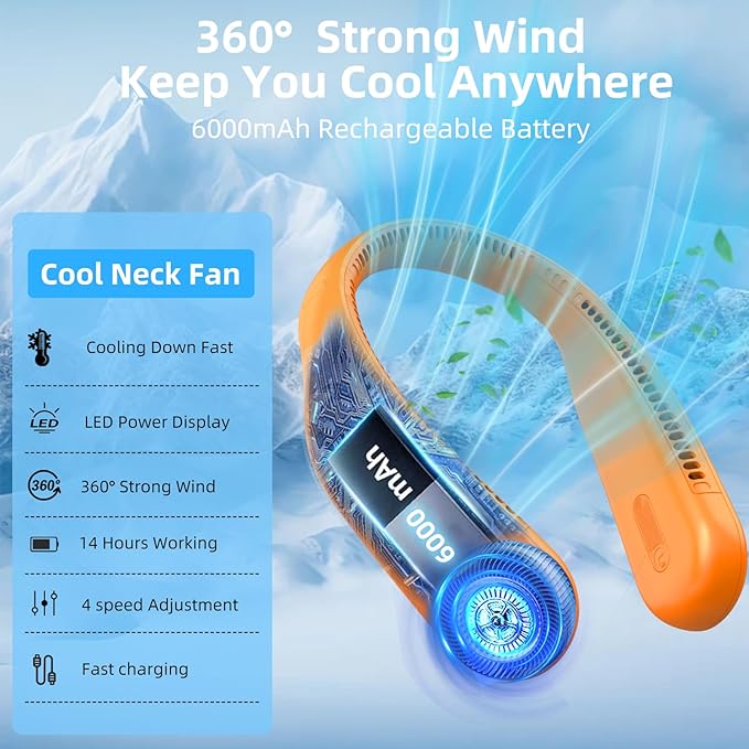 Portable Neck Fan,Hands Free Personal Wearable Bladeless Fan,6000mAh USB Rechargeable,360° Cooling,LED Display,4-Speeds,Birthday Gifts for Men Women Dad Mom,Stocking Stuffers Christmas Gifts (Orange)