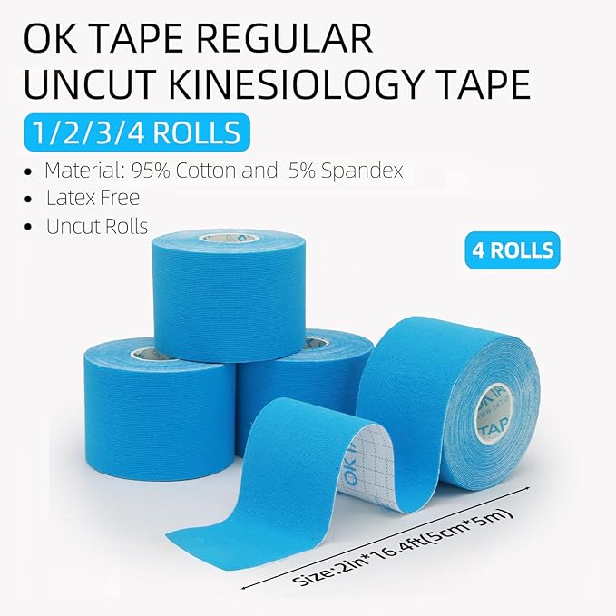 OK TAPE Regular Kinesiology Tape (4 Pack), Original Cotton Athletic Tape for Support Muscle Joint Knee, Sports Waterproof Tape Uncut Strips Latex Free, Hypoallergenic, 2in×16.4ft - Blue