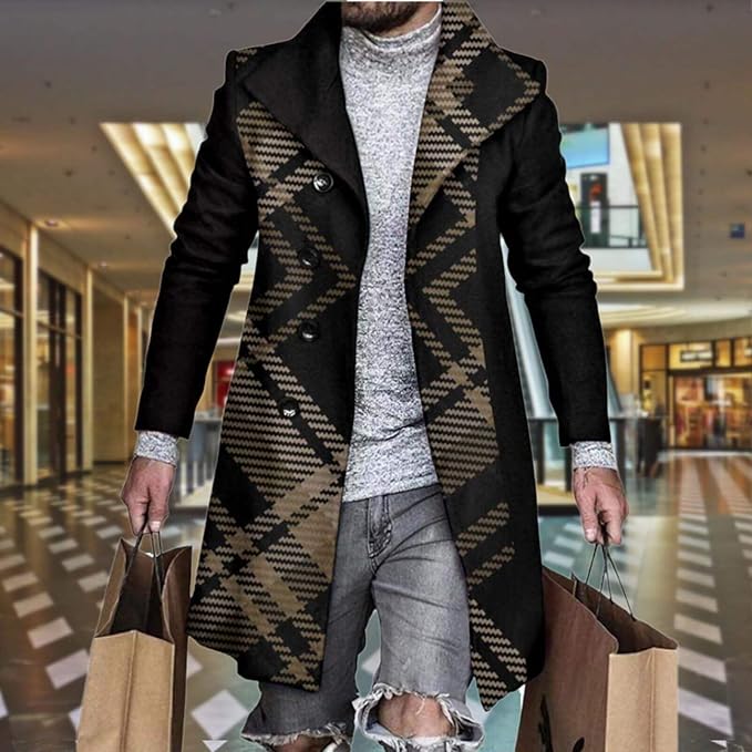 Men's Plaid Long Trench Coat Mid - Length Lapel Collar Button Down Warm Overcoat for Winter & Autumn Fashion