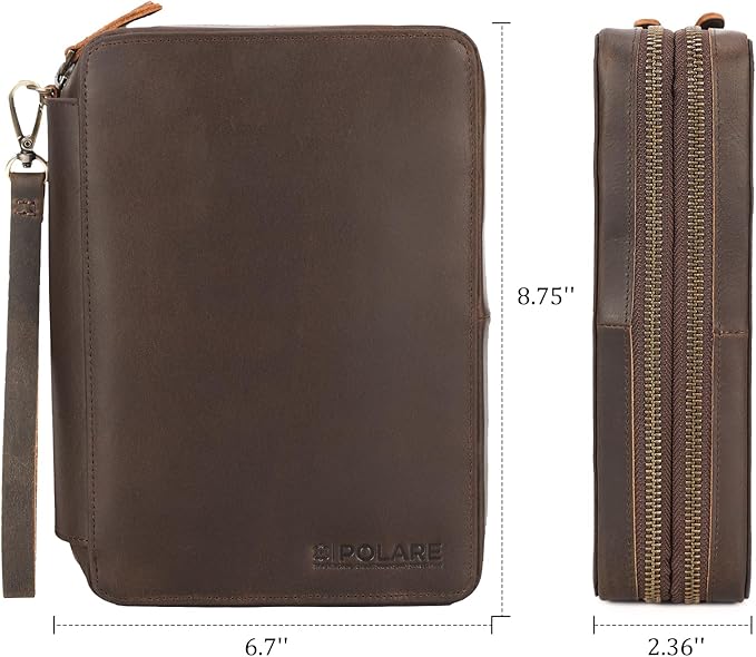 Polare Full Grain Leather Travel Cable Organizer Case Double Layer Electronics Accessories Carry Bag with YKK Zippers Tech Storage Bag for Cables, Power Bank, USB, SD Card