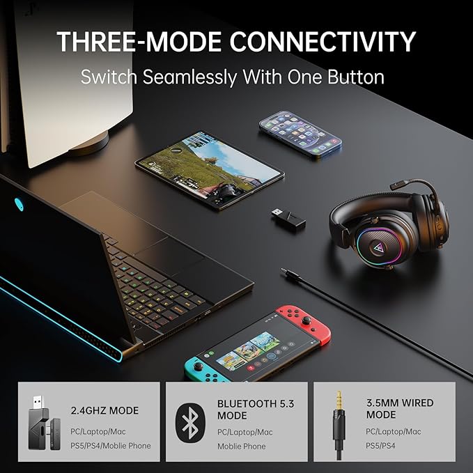 EKSA 2.4GHz Wireless Gaming Headset for PS5,PS4,PC,Switch,Mobile,Mac, Bluetooth Gaming Headphones with Detachable Microphone, RGB, 30ms Latency, 50H Battery, Stereo Sound Headset for Xbox