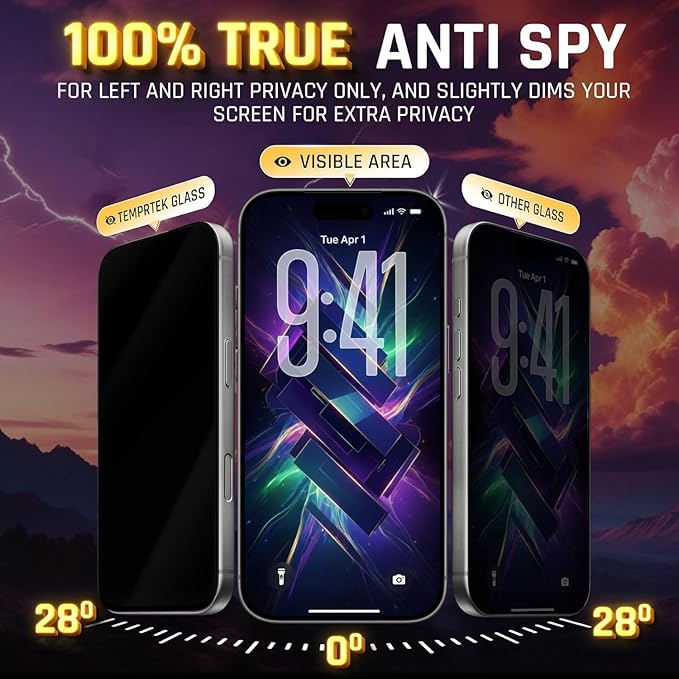 TEMPRTEK+ 2-Pack iPhone 17 Pro Max Screen Protector Fits iPhone 16 Pro Max Screen Protector Privacy - 9H Military Grade Scratch Fingerprint Resistance, Anti-Glare Shatterproof Tempered Glass, Anti-Spy