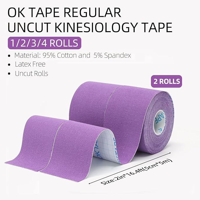 OK TAPE Regular Original Cotton Kinesiology Tape (2 Pack), Elastic Water Resistant Therapeutic Athletic Tape, Latex Free, Injury Recovery, Uncut K Tape 2in×16.4ft - Purple