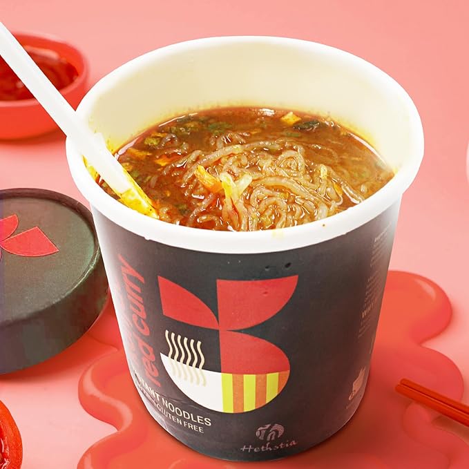 Hethstia Konjac Noodles Red Curry Soup Cups – 6-Pack Shirataki Angel Hair Pasta, Low Carb (4g), Instant Konjac Spicy Red Curry Broth, Gluten-Free, Low Sugar, Low Fat, Healthy Asian Ramen