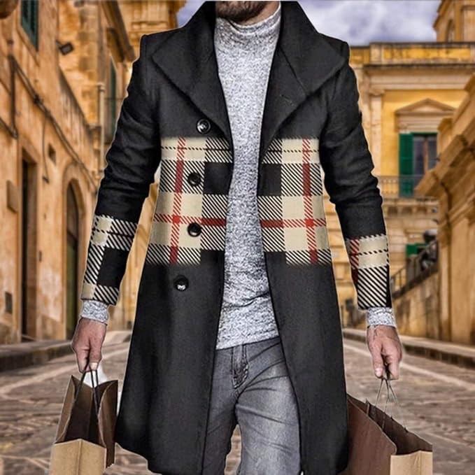Men's Plaid Long Trench Coat Mid - Length Lapel Collar Button Down Warm Overcoat for Winter & Autumn Fashion