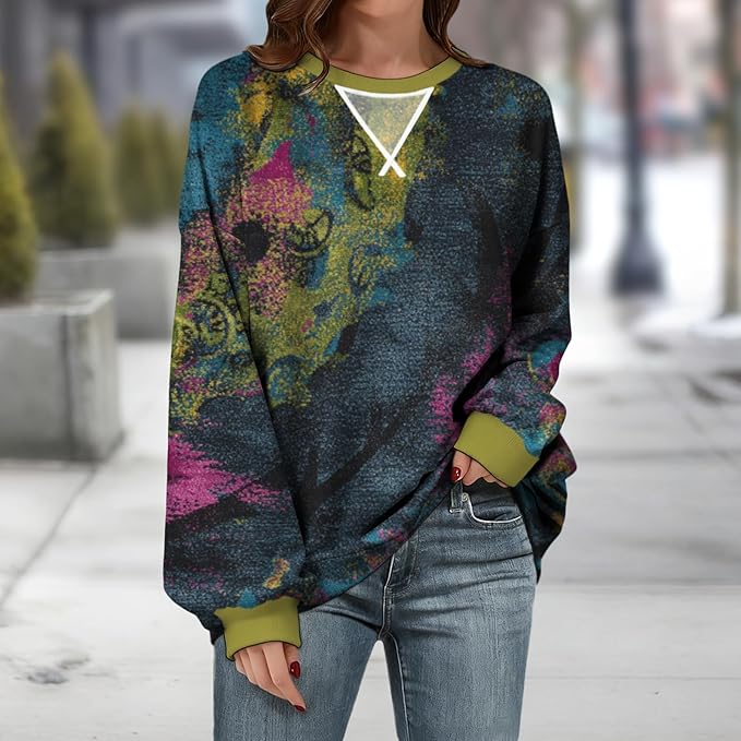 Womens Sweatshirts Fahsion Floral Print Long Sleeve Comfy Fall Tops Oversized Casual Crewneck Pullover Shirts