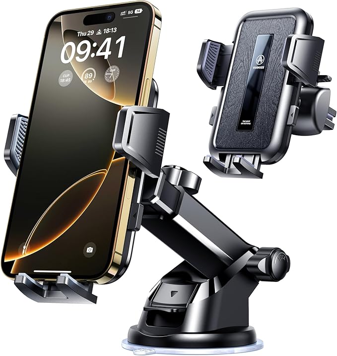 VANMASS 【85+LBS Strongest Suction & Military-Grade Ultimate Car Mount【Patent & Safety Certs】 Cell Phone Holder Truck Stand for GPS Vehicle Dashboard Windshield Vent for iPhone Samsung, Clear Black