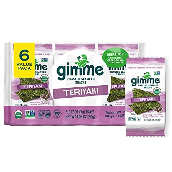 Gimme Seaweed Organic Premium Roasted Seaweed Snacks, Teriyaki, 6 Count, Keto, Vegan, Gluten-Free, Great Source of Omega3s and Iodine, Healthy On-The-Go Snack for Kids and Adults