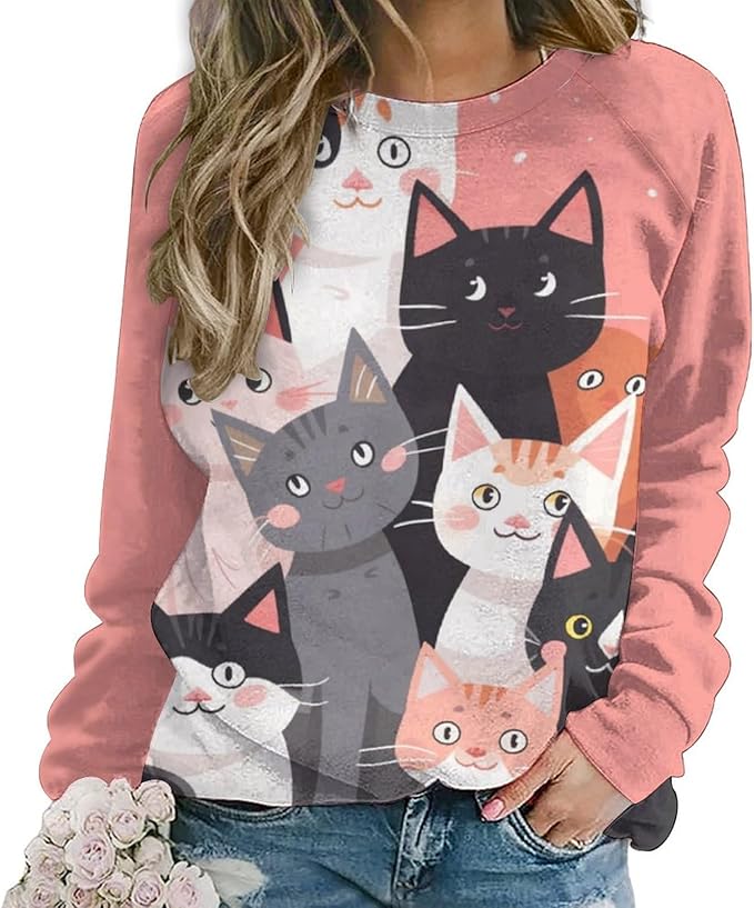 Long Sleeve Shirt Women Fall Cat Print Funny Hide Belly Vacation Plus Size Ladies Hippie Dressy Sweaters