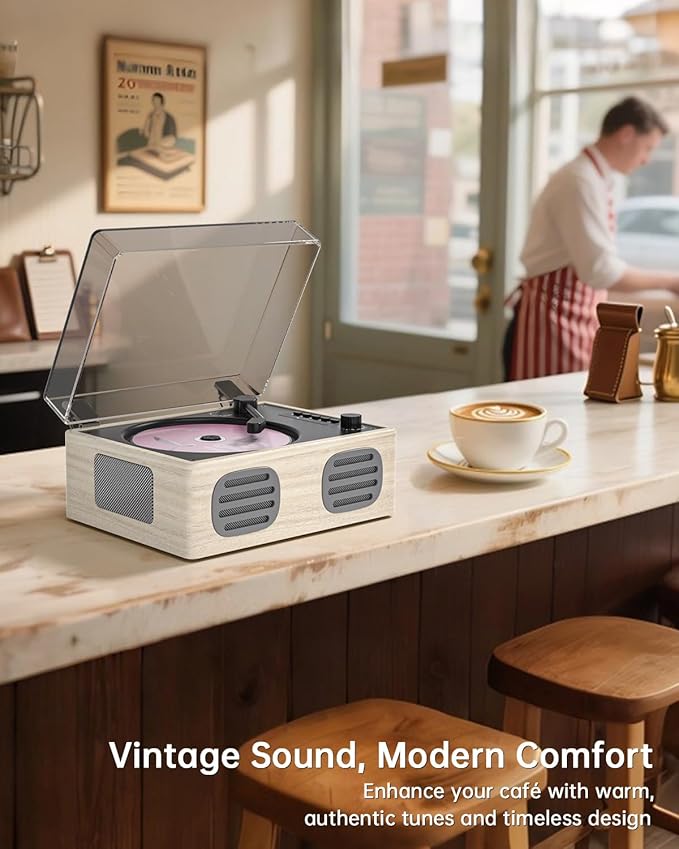Portable Retro CD Player with Bluetooth Transmitter and Dual HiFi Speakers, LED Screen, Desktop Vintage Nostalgic Rechargeable CD Music Player for Home, Grey Wooden