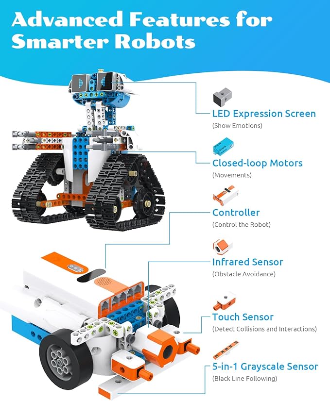 WhalesBot E7 Pro Coding & Remote Control Robot Kit for Kids 8+, Scratch & Modular Programming, Educational Engineering Science Toy Set with Smart Controller/Sensors/Motors for Kids Ages 8-12, 12-16
