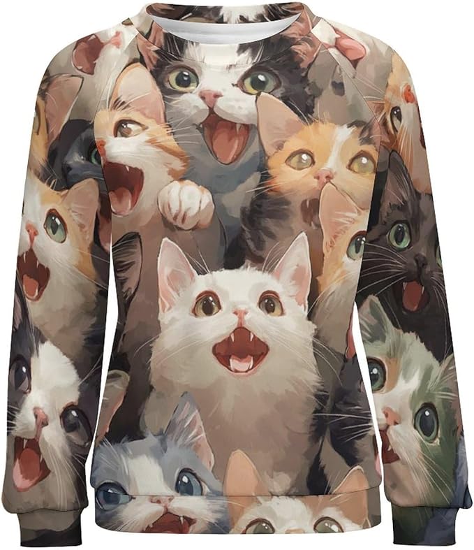 Fall Sweaters for Women 2024 Cat Print Long Sleeve Casual Crewneck Warm Fall Pullover Comfy Fashion Sweatshirts
