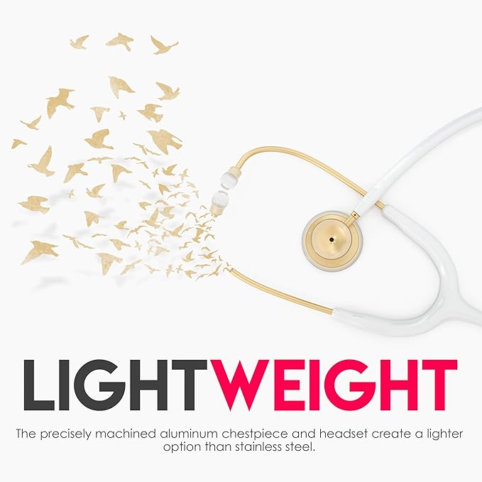 MDF Instruments, Acoustica Lightweight Stethoscope for Doctors, Nurses, Students, Home Health Use, Adult, Dual Head, White Tube, Gold Chestpiece-Headset, MDF747XPK29