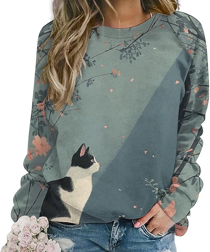 Long Sleeve Shirts for Women Cat Printed Fall Winter Dressy Holiday Casual Fashion Crewneck Tunic Tee Shirts