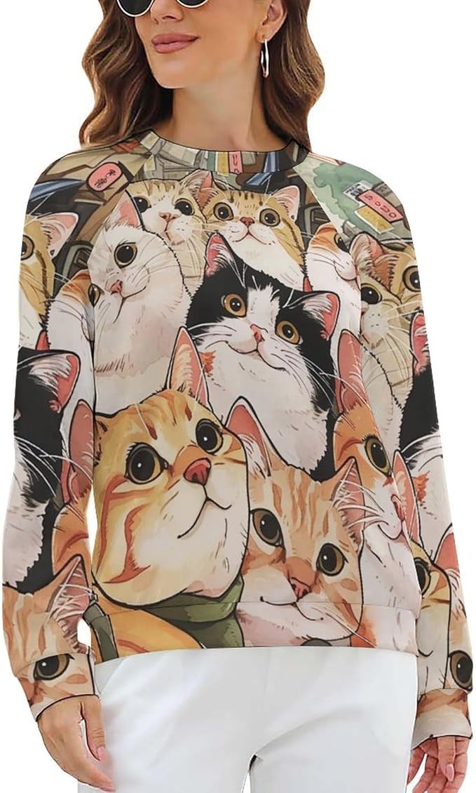 Long Sleeve Shirt Women Fall Cat Print Funny Hide Belly Vacation Plus Size Ladies Hippie Dressy Sweaters