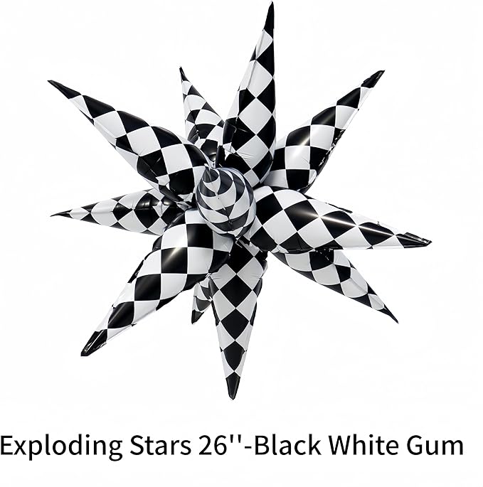 3 * 12 Pcs Black White Checkered Explosion Pointed Star Foil Balloons/Talladega Nights Party Decorations/Alice Themed Party/Las Vegas Casino Party/Race Car Birthday Decor/Father's Day(3 Pcs Black)