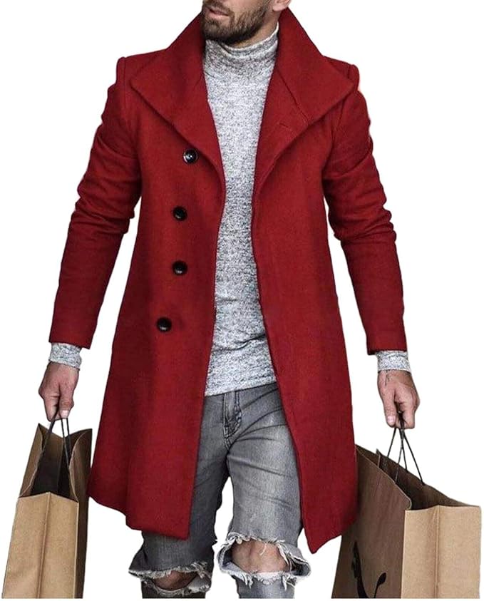 Men's Plaid Long Trench Coat Mid - Length Lapel Collar Button Down Warm Overcoat for Winter & Autumn Fashion