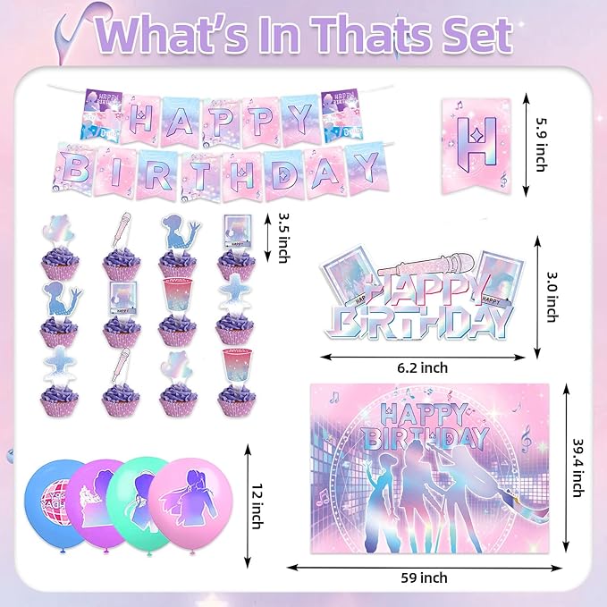 42Pcs Demon Movie Hunters Birthday Party Decorations Include Cake Topper Cupcake Toppers Music Singer Happy Birthday Party Pink and Purple Flag Banner and Balloons Backdrog