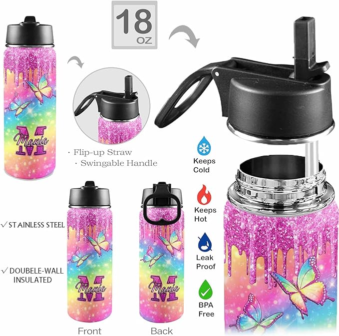 VIPOPSA Custom Water Bottle For Girls 18oz Customized Water Bottle With Straw Lid Gifts For Girls Boys School Sports Cup