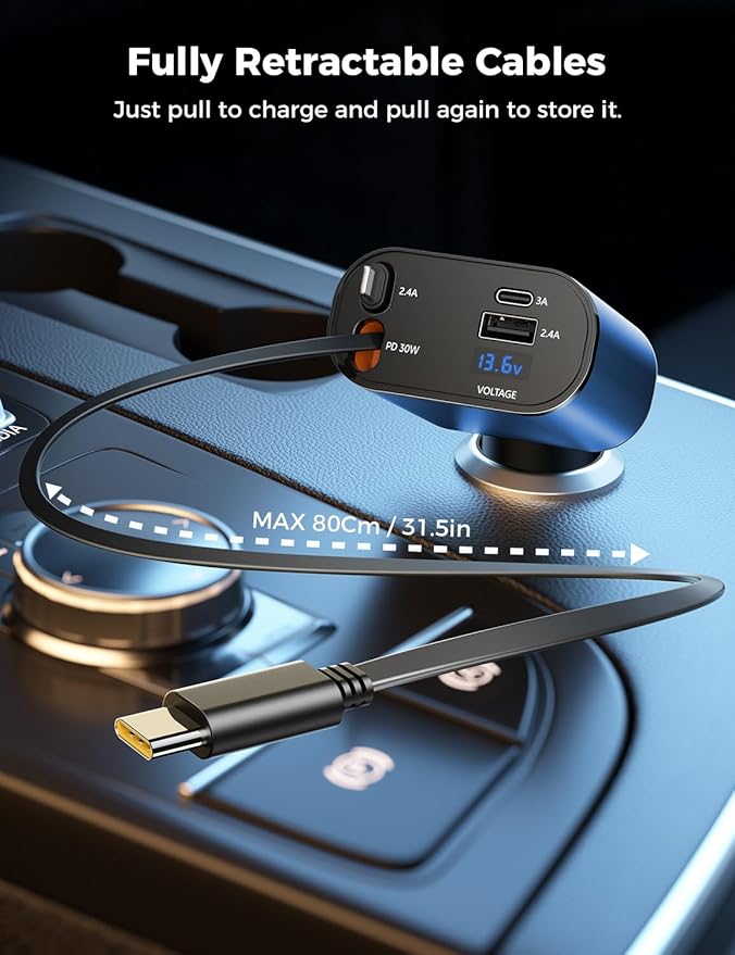【Upgraded】 SUPERONE Retractable Car Charger 4 in 1, Fast Car Phone Charger with Cord 2.6ft, USB C and Apple Car Charger Adapter, Compatible with iPhone 17/16/15/15 Pro Max/14/13/12/11, Galaxy, Pixel