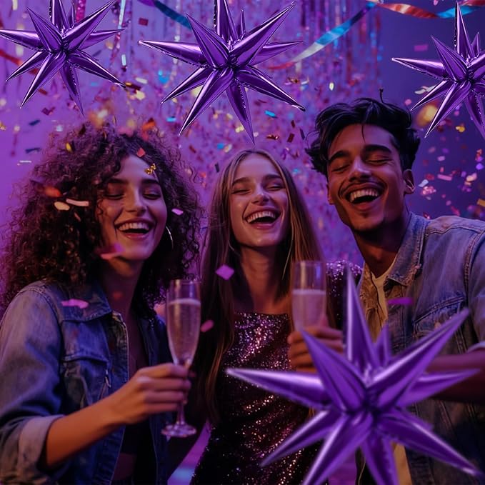 Purple Balloons Mylar Star Balloon 60Pcs Foil Spike Balloons Explosion Large Prom Ballons for Birthday Halloween Bachelorette Anniversary Wedding Engagement Party Decorations