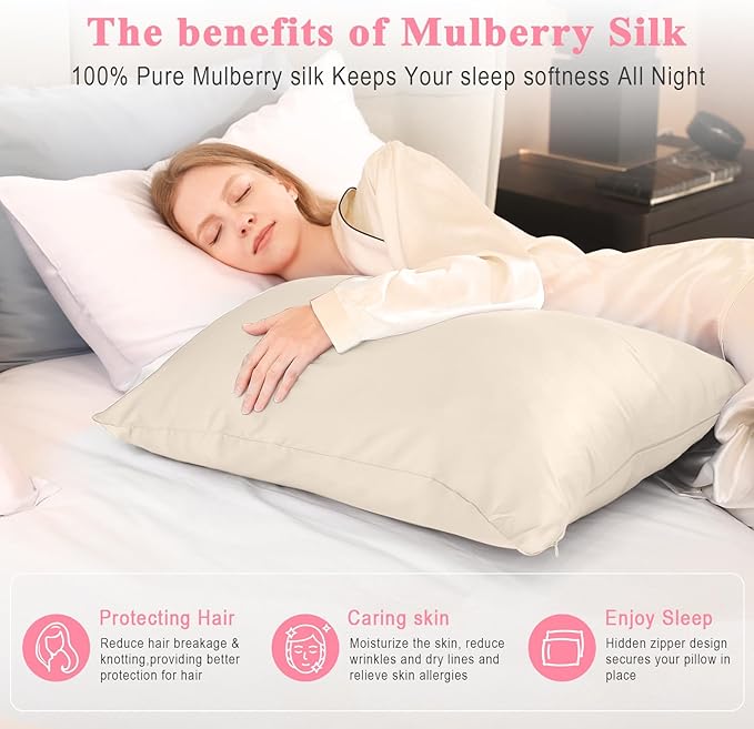 100% Pure Silk Pillowcase 2 Pack for Hair and Skin, Both Sides 23 Momme Grade 6A+ Mulberry Silk Pillowcases with Hidden Zipper, Soft&Smooth Cooling Pillow Cases (Buff Beige, King 20x36)