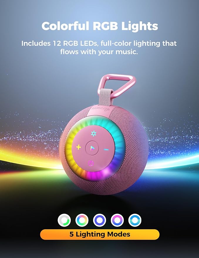 Shower Speaker Bluetooth Waterproof Portable: 360° Surround Sound, IPX7 Suction Cup Removable with Vacuum Exhaust Knob, 2 IN1, RGB Lights, BT5.4, TWS, Pool/Beach/Kayak, Gifts for Adults Teens-Pink