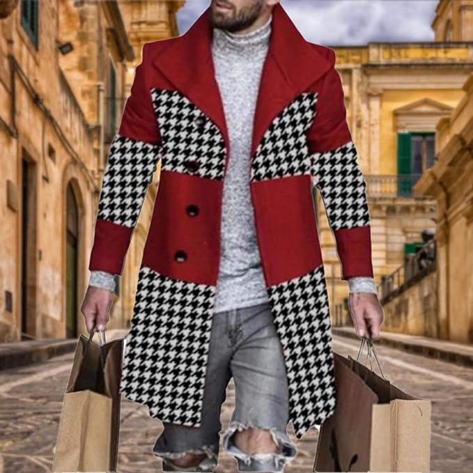 Men's Plaid Long Trench Coat Mid - Length Lapel Collar Button Down Warm Overcoat for Winter & Autumn Fashion