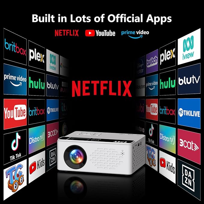 TMY Netflix-Officially-Licensed Mini Movie Projector with Wifi and Bluetooth, 1080P Full HD Portable Projector, Compatible with TV Stick/Smartphone/HDM/USB, indoor & outdoor use