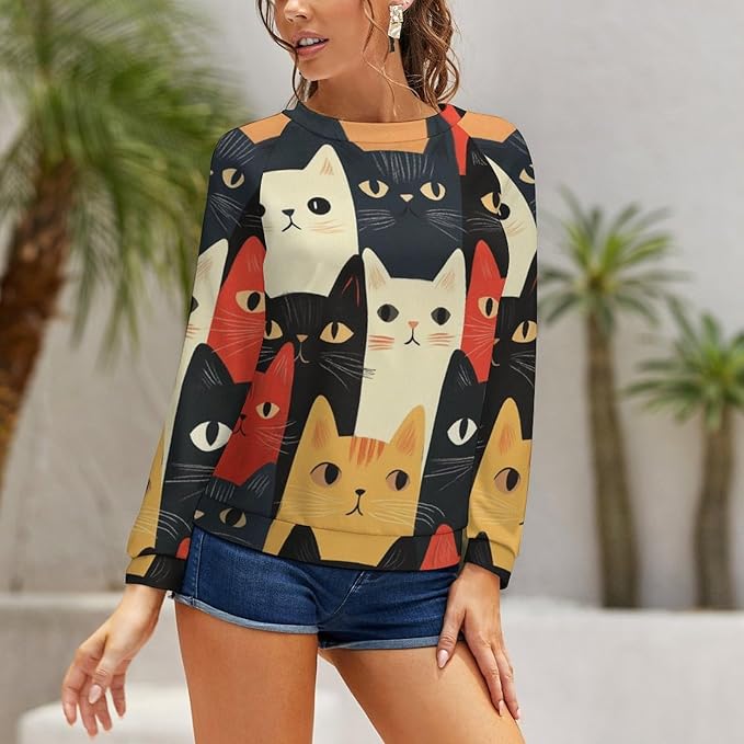 Fall Sweaters for Women 2024 Cat Print Long Sleeve Casual Crewneck Warm Fall Pullover Comfy Fashion Sweatshirts