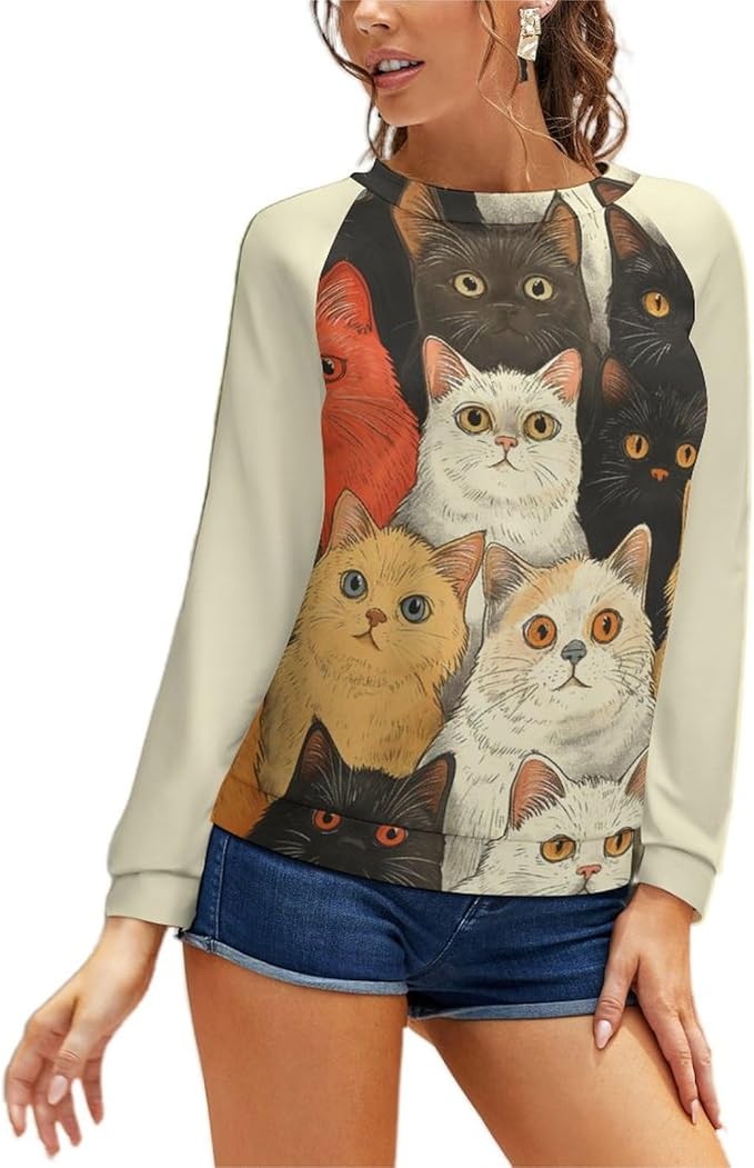 Long Sleeve Shirt Women Fall Cat Print Funny Hide Belly Vacation Plus Size Ladies Hippie Dressy Sweaters