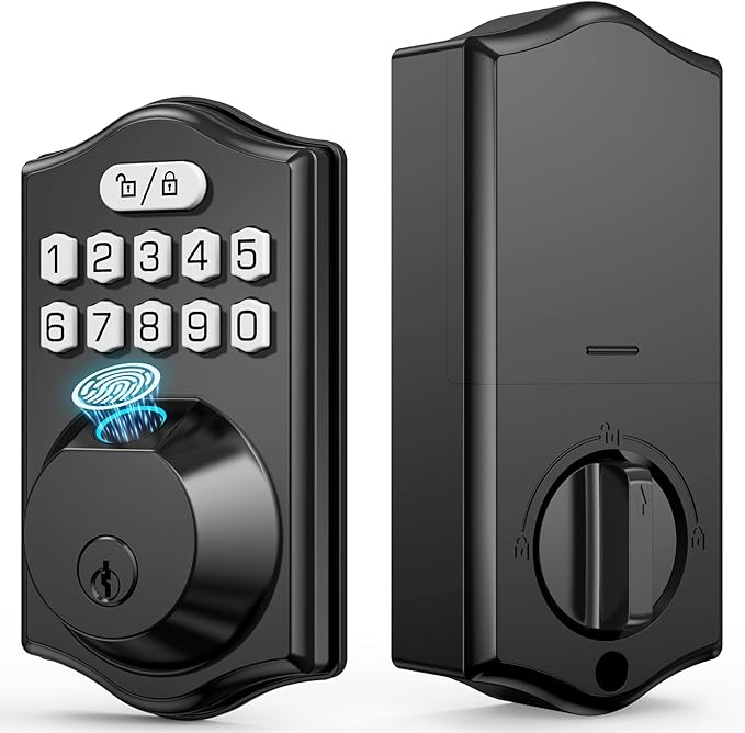 Fingerprint Door Lock Set, Keyless Entry Door Lock, Front Handle Set, Electronic Keypad Deadbolt with 2 Keys, Auto-Locking, One-time Codes, Easy to Install (Black, Fingerprint)