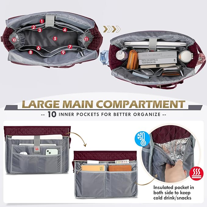 RAINSMORE Teacher Tote Bag 15.6 inch Laptop Bag for Women Work Bags Laptop Tote Nurse Bag Professional Computer Messenger with Insulated Pocket, Laptop Briefcase for Office, College, Nursing, Wine