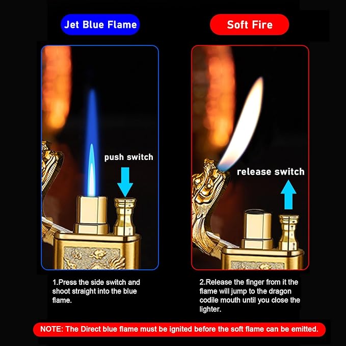 Torch Lighter, Relief Wolf Design Magic Dual Flame Lighter with Adjusting FlameTool, Cool Windproof Jet Lighters, Refillable Butane Lighters for Mens Outdoor Indoor(Without Butane)-Blue Crocodile